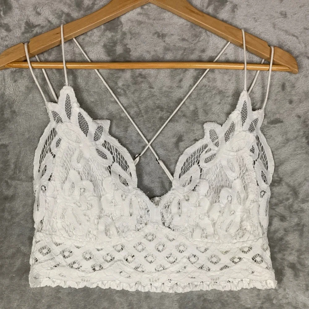 Free People FP One Adella Bralette Large White Lace Boho Floral Strappy Bra Top